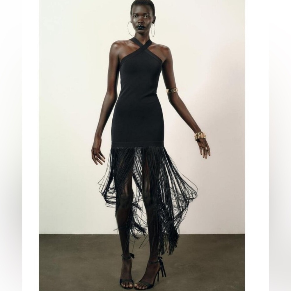 Zara Black One-Shoulder Fringe Dress